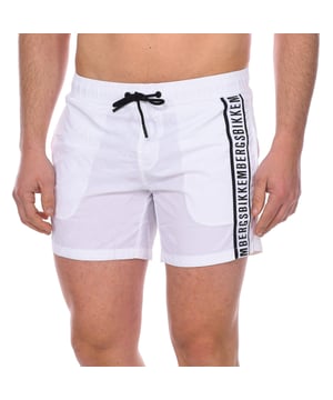 Bikkembergs men's swim shorts.
 Color White-black
 Elastic waistband, adjustable by cords.
 Open pockets on the sides.
 Brand print on the side of the front.
 Back pocket with velcro closure.
 Inner mesh lining.
 Seams seen in tone.

 Composition: 100% Polyester

 Washing instructions:
 - Wash at max temperature. 30th.
 - Do not use bleach.
 - Does not allow dry cleaning.
 - Iron temperature max. 110º.
 - Do not use dryer.
 Composition: 100% polyester
 Care:
Washing instructions:
 - Wash at max temperature. 30º.
 - Do not use bleach.
 - Does not allow dry cleaning.
 - Iron max. temperature. 110º.
 - Do not use dryer.