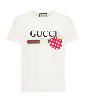 Gucci wit T-shirt, 100% katoen, gemaakt in Italie, Apple-ontwerp aan de voorkant, dit T-shirt heeft een normale pasvorm en zou perfect moeten zijn voor dit T-shirt. 
