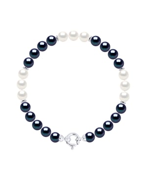 Armband – Reihe aus echten Süßwasser-Zuchtperlen rund 6–7 mm – FARBE SCHWARZ TAHITI + NATURWEISS – Kleine Ringe und Seeringverschluss Weißgold 375 
 - Länge 18 cm - Lieferung mit Echtheitszertifikat und internationaler Garantie - HERGESTELLT IN FRANKREICH