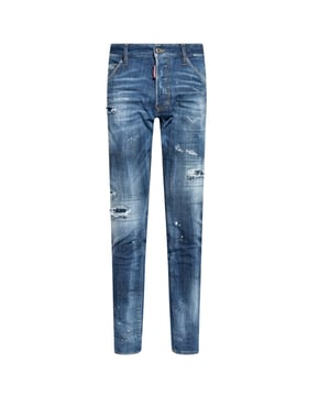 Vaqueros Cool Guy, 93 % algodón, 4 % poliéster, 3 % elastano, bragueta de botones, corte entallado con pernera cónica, jeans con salpicaduras de pintura azul, hechos en Italia