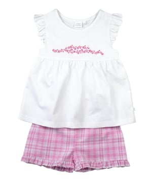 These comfortable shortie pyjamas for girls are made from soft cool cotton and feature a unique check that was created by our in-house design team. Complete with a complementary white woven top with pretty cap sleeves and dainty embroidery. The short has  fully elasticated waist with a frilled hem. They are sure to become a new bedtime favourite in the hot summer months!

Design & Fit

Classic white short sleeve top and shorts
Pretty Embroidery
Elasticated waistband
Easy, pull-on style
Fabric and Care

100% cotton seersucker
Machine wash
Safety warning: keep away from fire