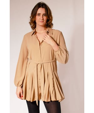 Look your best from day to night with this stylish camel beige fit and flare dress. Its collared design and tie waist add a touch of elegance, while its swinging motion when you walk will accentuate your figure. Dress it up with tights and boots and feel confident and comfortable all day long.