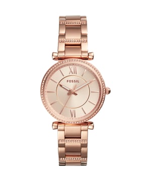 This Fossil Carlie Analogue Watch for Women is the perfect timepiece to wear or to gift. It's Rose Gold 35 mm Round case combined with the comfortable Rose Gold Stainless steel watch band will ensure you enjoy this stunning timepiece without any compromise. Operated by a high quality Quartz movement and water resistant to 5 bars, your watch will keep ticking. This elegant, fashionable watch set with beautiful stones is a perfect gift for New Year, birthday,valentine's day and so on -The watch has a function: Luminous Hands High quality 19 cm length and 16 mm width Rose Gold Stainless steel strap with a Fold over clasp Case diameter: 35 mm,case thickness: 9 mm, case colour: Rose Gold and dial colour: Rose gold