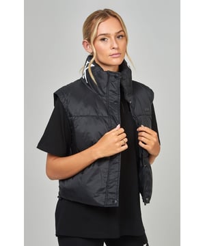 inchBlack Cropped GiletSoft touchCropped fitMetal bar tabHigh neck collarPaddedSleevelessMachine wash100% Polyamide inch