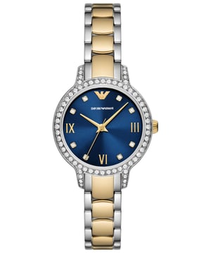 This Emporio Armani Cleo Analogue Watch for Women is the perfect timepiece to wear or to gift. It's Silver 32 mm Round case combined with the comfortable Multicolour Stainless steel watch band will ensure you enjoy this stunning timepiece without any compromise. Operated by a high quality Quartz movement and water resistant to 5 bars, your watch will keep ticking. This original fashionable watch is set with beautiful stones, perfect for every Women. High quality 19 cm length and 12 mm width Multicolour Stainless steel strap with a Deployment clasp Case diameter: 32 mm,case thickness: 7 mm, case colour: Silver and dial colour: Blue