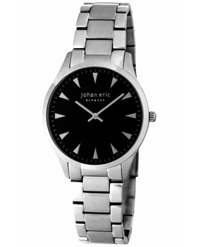 Johan eric: helsingør, men's,  black dial watch w triangular hr-markers, brushed and polished solid stainless steel bracelet
