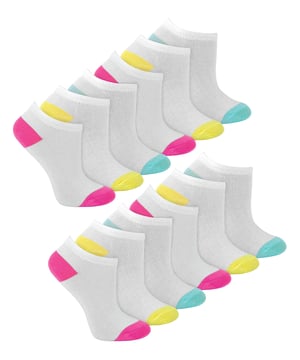 If you're looking for a pair of socks that will keep your little one's feet cool and comfortable this summer, check out our Girls 12 Pack White Heel & Toe Trainer Socks! The low cut trainer style makes these girls' heel and toe socks perfect for fitting into their trainers as well as an elastic ankle band for a snug fit and they’re ideal for the hot summer months. They’re also naturally breathable with the soft cotton fibres that make them comfortable to wear. So if they have a sports day, an outdoor activity or even just a big weekend of playing planned - these socks are perfect! This Pack includes 12 pairs of socks, each with a different heel & toe colours which include: Pink, Yellow and Mint Green so they’ll have a choice of colours before heading out to play. These socks come in 3 Kids Sizes: 4-6 UK (37-39 EUR, 5-7 US), 9-12 UK (27-30 EUR, 10-1 US) & 12-3 UK (30-36 EUR, 13-4 US) and are made from Cotton rich fibres. They come in 3 heel & toe colours per pack and are Machine Washable.