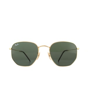 Ray-Ban Sunglasses Hexagonal 3548N 001 Gold Green are a very unique hexagonal shaped frame and feature the latest flat crystal lenses for an updated version of the classic metal round sunglasses. Super thin temples and coined profile to the frame finish the modern fashionable look..