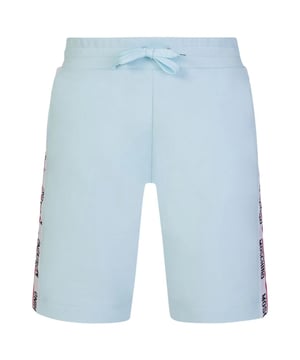 Moschino Blue Shorts, Tape Logo Down Legs, Elasticated Waist, Comfortable Stretch Fit, 95% Cotton, 5% Elastane, Back Pocket, Drawstring Ties, Moschino Loungewear, Taped Branding, Monotone Logo On Pocket