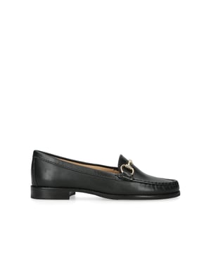 The Carvela Finsbury Trim Loafer features a soft black leather exterior with gold tone horse bit buckle across the vamp of the foot.