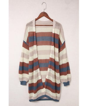 Gestreept kleurblokontwerp  
Holle gebreide patroon  
Gemaakt voor vrouwen  
Losse pasvorm  
Veelzijdig en stijlvol  
Comfortabele stof  
Perfect voor laagjes  
Verhoogt iedere outfit  
Materiaal: 55% Acryl 45% Katoen
