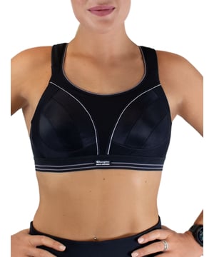 Shock Absorber Ultimate Run Sports Bra. Non-wired sports bra designed for running with moisture-wicking material, non padded cups, wide padded non-slip racerback comfort straps, a wide underband and a double back fastening for ultimate support. Product is recommended hand-wash only.