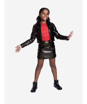 Michael Kors capture the sassy American spirit in their timeless sporty couture. This girls black mini skirt has been made in a patent crocodile design with a silver embellished MK logo, pockets and zip-up fastening. A timeless item with attitude she will adore.  Patent Crocodile Design  Silver Embellished MK Logo On Waist  Pockets  Zip-Up Fastening  Straight Hem Mini Short Flared Skirt In Viscose Michael Kors : Girls Height 2Y: 33" / 86cm 3Y: 37" / 94cm4Y: 40" / 102cm5Y: 42" / 108cm6Y: 44" / 114cm8Y: 49" / 126cm10Y: 54" / 138cm12Y: 59" / 150cm14Y: 61" / 156cm