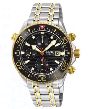 Gevril 48811B Reloj automático suizo con cronógrafo Hudson Yards para hombre Gevril Automático suizo para hombre de la colección de cronógrafo Hudson Yards Caja de cronógrafo satinado y pulido de acero inoxidable de 43 mm Anillo de cerámica dorado/negro, esfera negra, fecha a las 3 en punto Bisel giratorio unidireccional, liberación de helio atornillada válvula, marcadores luminosos Fondo de caja de exhibición, corona atornillada Brazalete pulido y satinado IPYG con hebilla desplegable desplegable Cristal de zafiro antirreflectante Resistente al agua hasta 300 metros/30 ATM Automático suizo, movimiento SW500