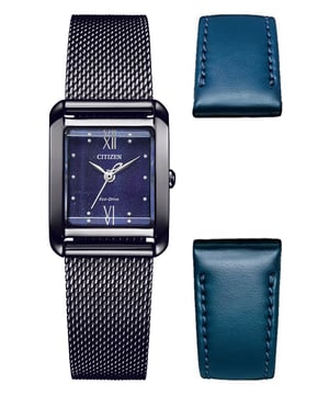 Diese Citizen Analog-Uhr für Damen ist das perfekte Zeitmesser, um sie zu tragen oder zu verschenken. Das schwarze rechteckige Gehäuse in Kombination mit dem komfortablen Band aus schwarzem Edelstahl sorgt dafür, dass Sie dieses atemberaubende Zeitmesser ohne Kompromisse genießen können. Angetrieben von einem hochwertigen Eco-Drive-Uhrwerk und wasserdicht bis 5 Bar, wird Ihre Uhr weiter ticken. Gehen Sie umweltfreundlich mit dieser solarbetriebenen Uhr, die sich in jedem Licht selbst auflädt. Diese Solaruhr benötigt keinen Akkuwechsel und beinhaltet auch ein zusätzliches Armband. -Die Uhr hat eine Funktion: solarbetrieben; Hochwertiges 19 cm langes und 15 mm breites Armband aus schwarzem Edelstahl mit einer Fold-Over-Schließe. Gehäusemaße: 21x27 mm, Gehäusehöhe: 7 mm, Gehäusefarbe: Schwarz und Zifferblattfarbe: Blau.