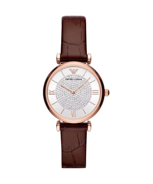 Brand: Emporio Armani
  Package: Original box Emporio Armani
  Product Guarantee: International Warranty Emporio Armani
  Code: AR11269
  Watch Bracelet material: Leather
  Case Material: Steel
  Case size: 32mm
  Water Resistance: 30m
  3ATM
  3bar
  Movement: Quartz
  Bracelet Colour: Bordeaux
  Bracelet Clasp: Buckle Clasp
  Watch Shape: Circular
  Width: 14mm
  Watch Style: Trendy
  Customizable: Yes
  Ladies watch by Emporio Armani
  Stainless steel case with polished finish rose gold color
  Case shape: round
  Diameter: 32mm Thickness: 8mm
  Transparent glass and silver dial
  Anse distance: 14mm
  Leather strap with shiny bordeaux color finish
  Closure: ardiglione
  Water resistance: 3 atm
  Quartz movement 2 spheres
  Reference: AR11269
Material: Steel and Leather