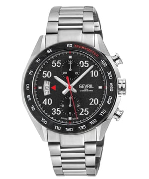 Gevril 48310B Men's Ascari Chronograph Swiss Automatic Watch

Gevril Men's Swiss Automatic Watch from the Ascari Chronograph Collection
43mm 316L Stainless Steel Satin and Polished Case with Forged Carbon Black Bezel, Black Pattern Dial
Arabian Raised Numerals, Luminous hands
Chronograph, Tachymeter, Exhibition case back
Screw down Crown with Gevril Logo
316L Stainless Steel Satin and Polished bracelet With Deployment Buckle
Anti-reflective Sapphire Crystal
Water Resistant to 100 Meters/10ATM
Swiss Automatic, SW500 Movement