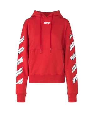 Ontdek de Off-White Logo Red Hoodie - een stijlvol statement-stuk met een uniek design! Deze hoodie heeft een werkelijk opvallende look en is perfect voor een opvallende impact. Draag hem met vertrouwen en ontvang complimenten op elke hoek!, Rood, Verstelbare capuchon met trekkoord, Grote kangoeroezak aan de voorkant, Slim fit, 100% katoen, Gemaakt in Portugal, Rode hoodie, Streetwear