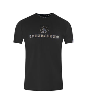 Aquascutum Script Logo Schwarzes T-Shirt. Bleiben Sie stilvoll mit dem Aquascutum Logo Black T-Shirt. Dieses klassische weiße T-Shirt ist aus hochwertigen Materialien gefertigt, damit Sie auch in den kommenden Jahren gut aussehen. Eine unschätzbare Ergänzung Ihrer Garderobe, entdecken Sie den Luxus dieser zeitlosen Marke... Aquascutum Script Branding auf der Brust, kurze Ärmel, Rundhalsausschnitt. 100% Baumwolle, Normale Passform, Größenanpassung. Union Jack-Logo im Nacken, Abzeichen der britischen Flagge am linken Ärmel. Style Code: T00923 99