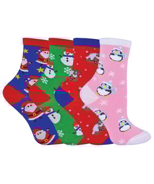 Are you in the middle of frantically buying presents for the Kids to stick in their Xmas stockings? Well these 4 Pairs of Kids Festive Christmas Socks can help you towards reaching that goal! With a very soft material and great breathability they’ll be sure to keep your littles ones feet comfortable no matter what they get up to during the festive season, especially on the madness that is Xmas Day. This pack of 4 Socks have 4 different funky and colourful designs on them which include: Christmas Puddings, Penguins, Snowmen & of course Santa Claus so the children will be spoilt for choice for their feet! They’re the ideal Christmas gift for your little ones or maybe even a great present for someone else's kids? They come in 3 different childrens sizes which are: 9-12 UK, 12-3 UK & 4-6 UK. They are also machine washable.