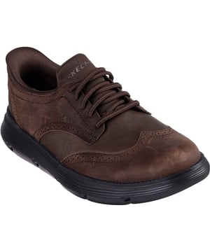 Office looks and effortless comfort combine in Skechers Hands Free Slip-ins: Garza - Sully. Designed with our exclusive Heel Pillow, this Classic Fit wingtip style features a leather upper with a charcoal-infused Air-Cooled Memory Foam insole.