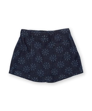 100% organic cotton |  Light navy etched smiley sun design |  Navy blue |  Lightweight denim fabric |  Apple enzyme washed for a soft hand feel |  Skirt with matching built-in shorts |  Single front pocket |  Elasticated waistband |  Made in Turkey |  Machine washable at 40 degrees, or at 30 degrees to be kinder to the planet