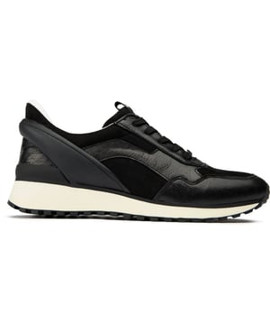 Womens black Caprice comfort runner trainers, manufactured with leather and a rubber sole. Featuring: eva sole, leather insock and padded heel collar.