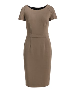 Taupe dress with cap sleeves. Round neckline. Darts at the bust. Fastens in the back with a  black plastic zip. Slit at the back. Lined. Fitted. Knee length. 70%viscose-25%polyamid-5%elastan. Our model is 176cm and is wearing size 36/S. Measurements for size 36/S (in cm): Shoulder -40, Chest-41, Waist-36, Bottom-42, Sleeve Length-16, Body length-101. Accessories are not included.