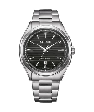 This Citizen  Analogue Watch for Men is the perfect timepiece to wear or to gift. It's Silver 42 mm Round case combined with the comfortable Silver Stainless steel watch band will ensure you enjoy this stunning timepiece without any compromise. Operated by a high quality Eco-Drive movement and water resistant to 10 bars, your watch will keep ticking. This high quality classic watch gives a comfortable feeling with its Stainless steel strap, it's perfect for every occasion -The Analogue watch has a calendar function: Date , Solar Powered High quality 21 cm length and 21 mm width Silver Stainless steel strap with a Fold over with push button clasp Case diameter: 42 mm,case thickness: 10 mm, case colour: Silver and dial colour: Black