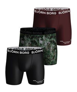 Björn Borg - 3 Pairs of Performance Boxers for MenFor your performance needs, look no further than Björn Borg Men’s Boxers. The perfect solution for your underwear drawer. They have a great fit that will keep you comfortable throughout the day.These high performance underwear with the perfect fit are developed for training. They are made from a high quality performance fit fabric that is soft, moisture wicking and breathable. It is also 90% recycled, making it eco friendly.The medium leg length makes these Björn Borg boxers ideal for whatever sport or activity you get up to, while still giving you enough coverage to look stylish when you’re training in the gym or on a run.With smooth seams and elastic to avoid chafing, and an iconic signature soft elasticated waistband ensures a comfortable fit throughout your training sessions, while the mid rise and fabric blend provide extra support throughout your workout.These boxers are perfect for both work and play, making them an ideal choice for topping up that underwear drawer. They come in 2 mixed colour options which are: Black, Burgundy, Camo Mix & A Night Sky Mix.These boxers are made from: 90% Polyester (Recycled), 10% Elastane and come in 4 sizes: Small, Medium, Large & X-Large. They come in 3 pairs per pack, making them great value for money and they are Machine Washable.Extra Product DetailsBjörn Borg Men’s BoxersSuitable For Sport3 Pairs Per PackMoisture WickingPerformance FItMedium Leg LengthMid Waist RiseSoft Elasticated WaistbandGreat Value For Money2 Mix Colour Options90% Recycled PolyesterAvailable in: S, M, L & XLMachine Washable