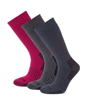 Villach hiking socks offer supreme comfort and protection for your foot. Made from a merino blend fabric and with cushioning across the whole sock offering all round protection, these socks will ensure that rubbing and blistering is kept to a minimum so you can focus on enjoying your walk. Additional comfort features include a non-slip grip cuff that will keep your socks firmly in place, a re-inforced toe and heel section on each sock, elastic arch support and a flat toe seam to keep them comfy against the front of your shoe or boot. These socks come in a handy 3 pack and a variety of colours, so you'll never be without a great pair of hiking socks!