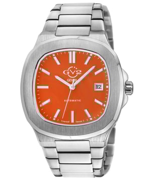 Potente - was so viel wie stark, kraftvoll und solide bedeutet - ist eine unnachgiebige Ergänzung der GV2 Herrenkollektion. Die Potente Collection zeichnet sich durch ein markantes 39-mm-Zifferblatt aus, das von einem kühnen, mit Nadelkissen versehenen Zifferblatt, Leuchtzeigern und -indexen umrahmt wird, die das Datum bei 3 Uhr hervorheben.
Mit der unbestreitbaren Stärke kommt auch die Kraft, und deshalb hebt der robuste Gehäuseboden die Druckknopfkrone und die Faltschließe der Potente auf. Das unverwechselbare, kraftvolle Design dieser Kollektion wird von demselben Schweizer Automatikwerk begleitet, das Gevril zu einer altehrwürdigen Tradition macht.
Fallen Sie auf, seien Sie mutig - Potente.

GV2 18114B Schweizer Automatikuhr Potente für Herren

GV2 Schweizer Automatikuhr für Herren aus der Potente Kollektion
39 mm Gehäuse aus 316L-Edelstahl, orangefarbenes Zifferblatt mit Pin-Cushion
Push-Pull-Krone, Datum bei 3 Uhr
Sichtboden, Zeiger und Indexe mit Leuchtmasse
316L-Edelstahlarmband mit Faltschließe
Antireflektierendes Saphirglas
Wasserdicht bis 50 Meter/5ATM
Schweizer Automatik-Uhrwerk MD3G