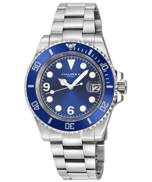 Haurex 4A512UBB  Men's Barracuda Automatic WatchHaurex Men's Automatic Watch from the Barracuda Collection43mm Round 316L Stainless Steel Case, Blue Ceramic BezelBlue Sunray Dial, Date at 4Push/Pull Crown, Exhibition Case back316L Stainless Steel Brushed Bracelet With Deployment BuckleAnti-reflective Sapphire CrystalWater Resistant to 50 Meters/5ATMAutomatic Miyota Ultra thin 9015