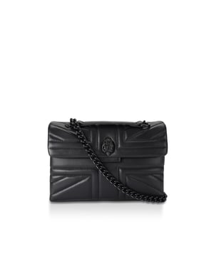 The Kurt Geiger Kensington Union Jack bag is crafted from a soft lambskin leather with stitched Union Jack design. The black eagle head features crystals on the front flap. Dimensions: 17cm (H), 26cm (L), 8cm (D). Strap drop cross body: 108cm. Strap drop shoulder: 65cm.