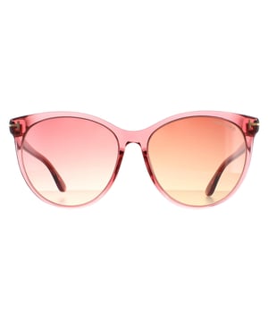 Die runde Damen-Sonnenbrille Tom Ford Shiny Transparent Antique Pink Pink Gradient Maxim FT0787 ist ein rundes Modell aus leichtem Acetat. Die schlanken Bügel sind mit dem charakteristischen "T"-Metallsymbol von Tom Ford versehen, das sich um den Bügel wickelt und für einen stilvollen Look sorgt.
