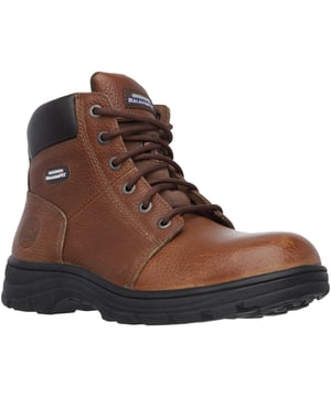 Enjoy your day in well protected comfort with the SKECHERS Work Relaxed Fit - Workshire ST boot. Smooth full grain leather upper in a lace up steel safety toe ankle boot with stitching and overlay accents. Oil resistant traction rubber outsole. Memory Foam insole. EC Specific Edition.