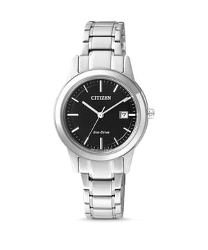 This Citizen  Analogue Watch for Women is the perfect timepiece to wear or to gift. It's Silver 29 mm Round case combined with the comfortable Silver Stainless steel watch band will ensure you enjoy this stunning timepiece without any compromise. Operated by a high quality Eco-Drive movement and water resistant to 3 bars, your watch will keep ticking. This high quality watch has an Eco-drive technology (Recharged by any light source; no need for ever a battery)  -The watch has a Calendar function: Date, Solar Powered High quality 19 cm length and 12 mm width Silver Stainless steel strap with a Fold over with push button clasp Case diameter: 29 mm,case thickness: 8 mm, case colour: Silver and dial colour: Black