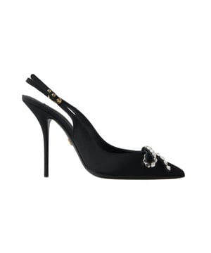 100% autentico.
  Zapatos de tacon destalonado adornados con cristales negros.
  Hecho de 100% viscosa.
  Suela de cuero.
  Detalles del logotipo.
  Fabricado en Italia.
  Alta calidad y comodidad.
