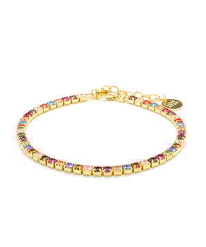 Pulsera Tahu de Plata de ley 925 y Circonita Multicolor acabada en oro amarillo de 18 quilates. El nombre de la línea lo avala: ATELIER Color. Joyas que se rinden a un diseño atípico que han colocado estos diseños sensuales en una posición privilegiada: formando parte del fondo de armario de la mujer actual. Diseños constituidos por circonitas de colores cuidadosamente terminados a mano. Una redefinición de diseños de joyería que se materializa en diseños puros y simples. Creaciones que expresan la singularidad femenina: ready- to-wear.