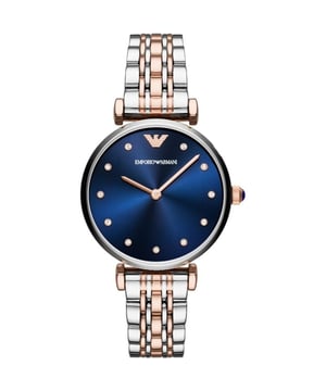 A blue sunray dial Emporio Armani Ladies watch, the dial features rose gold hands and rhinestones indexes, silver stainless-steel case watch, two-tone rose gold PVD stainless-steel bracelet finished with a deployment clasp to ensure security on the wrist.