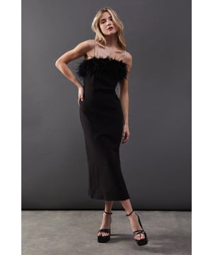 Feather Detail Diamante Strap Bandeau Midi Dress