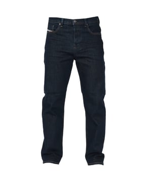 Diesel Blue Jeans, normale taille, taps toelopende pijpen, ritssluiting, 98% katoen, 2% elastaan ​​stretchdenim, donker denim, grote merkbadge, bruine badge, blauw denim