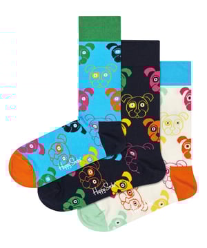 Happy Socks - Men’s & Ladies Novelty Dog Socks Gift BoxWoof woof, are you ready for even more puppy love in your life? We know, nothing beats a real furry dog, but these 3 pairs of Dog socks in a great gift box are the next best thing. With colourful faces smile across the entire sock, making them a pawesome gift for the dog lover in your life. So get into this ‘’dog on socks’’ situation asap! Each pair comes with bold and funky colours with colourful heel & toes and great dog face patterns all over.The Novelty Happy Socks are made of soft 86% combed cotton for added softness and comfort and feature reinforced heels and toes for extra durability and even more comfort. They're also available in two different sizes so you can find the perfect fit.Happy Socks are a popular brand providing a high-quality sock that combines unique designs and craftsmanship. Mikael Söderlindh and Viktor Tell had a vision to spread happiness by turning an everyday essential into a colourful design piece.Today, Happy Socks has reached 90 countries and every continent. With Concept Stores all around the world, from LA to Tokyo, Happy Socks can be found in over 10,000 top fashion apparel boutiques.These socks are made from 86% Cotton, 12% Polyamide, 2% Elastane and come in 2 sizes: Men’s 6-11 UK & Ladies 4-7 UK. They come in 3 dog patterns per pack and they are Machine Washable.Extra Product DetailsHappy Socks Adult Novelty SocksSoft Combed Cotton3 Pairs Per PackReinforced Heel & Toe3 Colourful Dog PatternsBlack, Blue & CreamA Perfect Gift IdeaSoft & ComfortableComes In Gift BoxHappy Socks Branded2 Size OptionsMachine Washable
