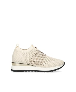 The Carvela Janeiro2 trainer features a bone knitted upper in a low top sock-style. There is a bronze crystal embellishment across the shoe with Icon C metal stud and branded pull tab at the ankle.