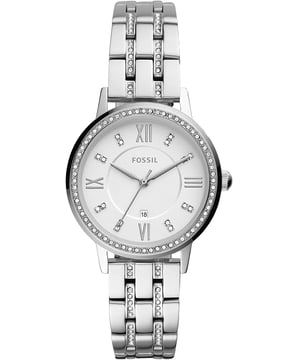 This Fossil Gwen Analogue Watch for Women is the perfect timepiece to wear or to gift. It's Silver 34 mm Round case combined with the comfortable Silver Stainless steel watch band will ensure you enjoy this stunning timepiece without any compromise. Operated by a high quality Quartz movement and water resistant to 5 bars, your watch will keep ticking. This elegant, fashionable watch set with beautiful stones is a perfect gift for New Year, birthday,valentine's day and so on -The watch has a Calendar function: Date High quality 19 cm length and 15 mm width Silver Stainless steel strap with a Fold over with push button clasp Case diameter: 34 mm,case thickness: 9 mm, case colour: Silver and dial colour: Silver