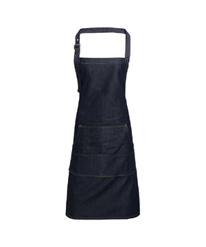 Pack of 2. Denim bib apron with contrast stitching. Adjustable buckle on the neckband. Copper rivets. Four pocket compartments. 86cm long and 72cm wide. Washing Instructions Domestic wash 60c, Industrial laundry 85c. Fabric 70% Cotton, 30% Polyester twill.