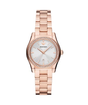 This Emporio Armani Federica Analogue Watch for Women is the perfect timepiece to wear or to gift. It's Rose Gold 32 mm Round case combined with the comfortable Rose Gold Stainless steel watch band will ensure you enjoy this stunning timepiece without any compromise. Operated by a high quality Quartz movement and water resistant to 5 bars, your watch will keep ticking. This elegant, fashionable watch set with beautiful stones is a perfect gift for New Year, birthday,valentine's day and so on This Analogue watch has a Calendar function: Date High quality 19 cm length and 15 mm width Rose Gold Stainless steel strap with a Deployment clasp Case diameter: 32 mm,case thickness: 9 mm, case colour: Rose Gold and dial colour: Silver