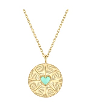 Eye-catching necklaces are in trend - like this model from the Glanzstücken München label in boho style. The eye-catcher is the antique structured surface of the amulet-shaped pendant with a sun motif, decorated with a heart-shaped turquoise inlay (rec.) Did you know that the healing stone was revered as a good luck charm in many cultures in ancient times? Even today, turquoise is still popular as a protective stone and talisman in jewelry form. The pendant dangles from a delicate anchor chain, both made from 925 sterling silver and finished with warm, shiny yellow gold. Thanks to the extension piece with spring ring clasp, the length of the chain can be easily adjusted. An accessory that not only casually enhances festival outfits!