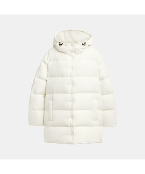 Mid Puffer, Model is 5'10" (178cm), chest 31" (79cm), waist 24" (61cm), hips 35" (89cm) and wears a size S, Zip pockets,  Length: 84.00 cm