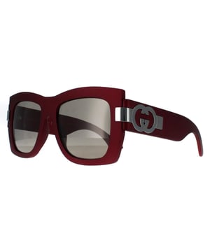 Gucci Square Womens Red with Silver Grey with Light Silver Mirror GG1688S  Sunglasses offer a perfect combination of modern sophistication and understated luxury. With their bold, square frame, these sunglasses make a striking fashion statement while maintaining a timeless appeal suitable for various occasions. The design is complemented by Gucciâ€™s signature double-G logo on the temples, adding a touch of iconic branding that speaks to the wearerâ€™s impeccable taste. High-quality lenses provide essential UV protection, ensuring comfort and safety without compromising on elegance.